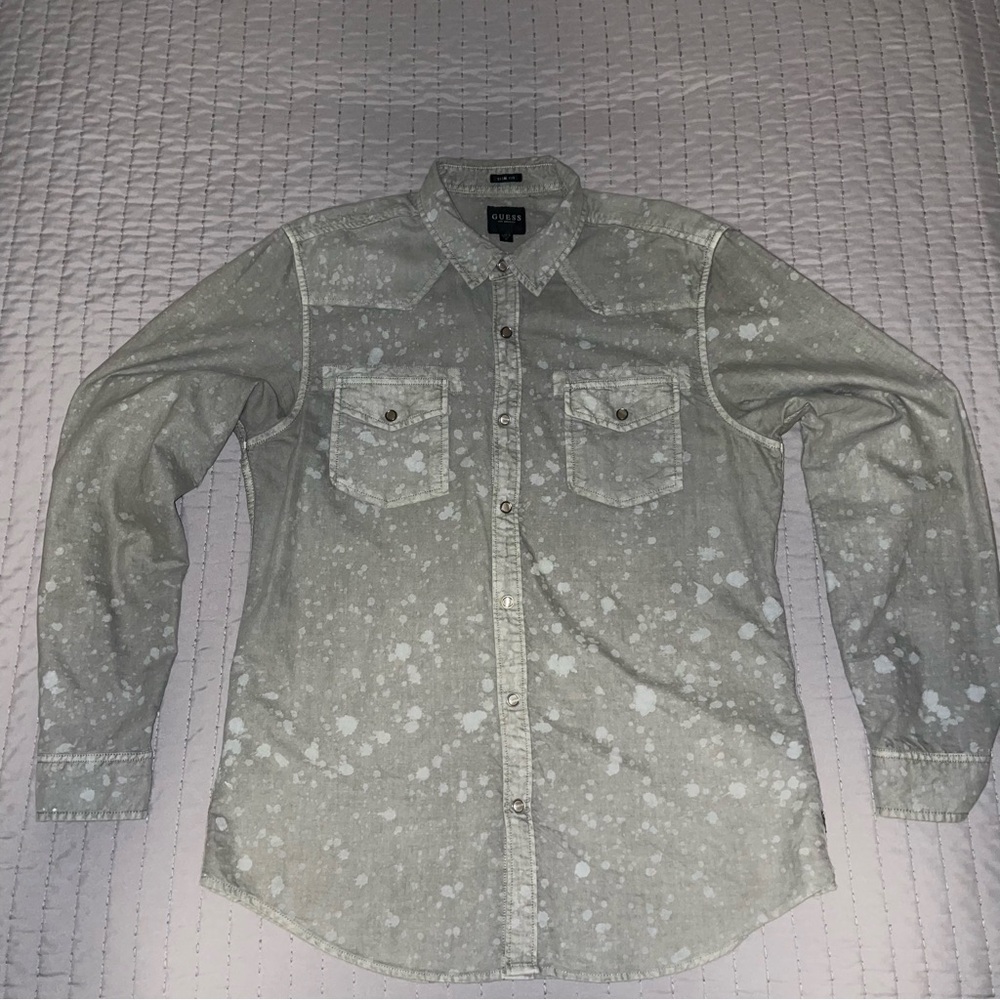Guess Green/Gray Bleach Splatter Pearl Snap Long Sleeve Shirt